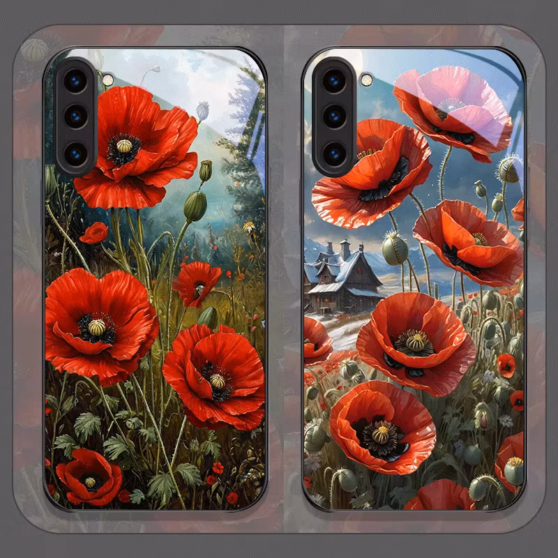 Retro Poppy Flower Bloom Red Printed Tempered Glass Phone Case for Samsung Galaxy S26 S25 Ultra S24 S23 Plus S22 S21FE Cover