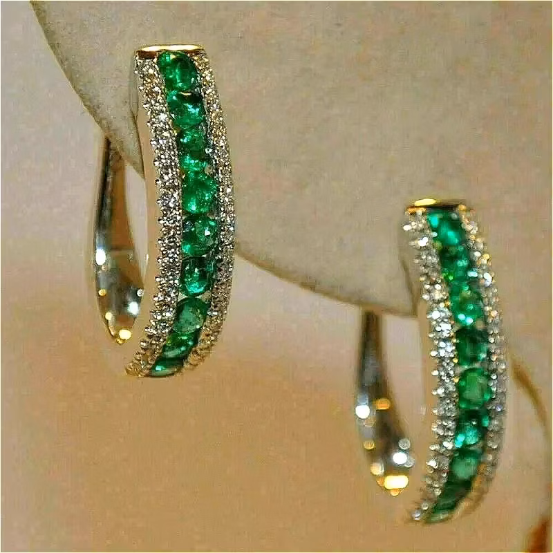 Luxurious Sparking Inlaid Green Synthetic Zirconia Hoop Earrings Women's Fashion Vintage Banquet Perfect Jewelry Accessories