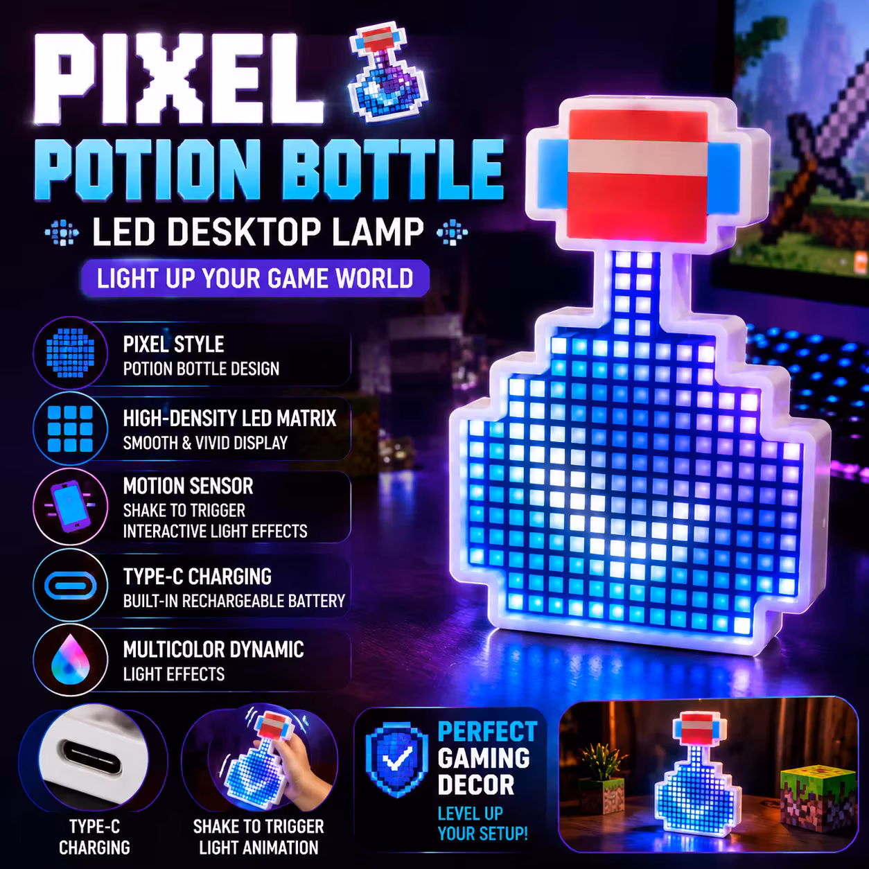 Pixel Potion Bottle Light Shake Sensing Dynamic Light Effect Usb-C Charging Color Led Desk Lamp Gaming Room Decorative Ornament
