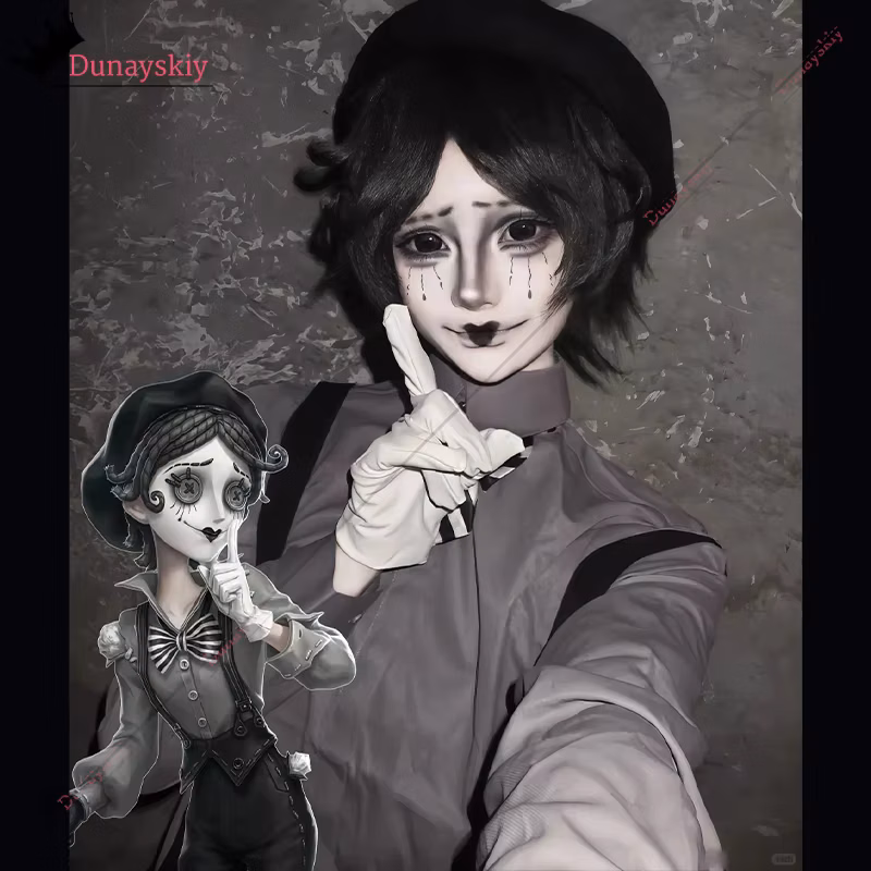 CR7.6*Game Identity V Mime Artist Costume Wig Mask Full set Costumes Cléo Decroux Halloween Grey Suit Survivors Roleplay