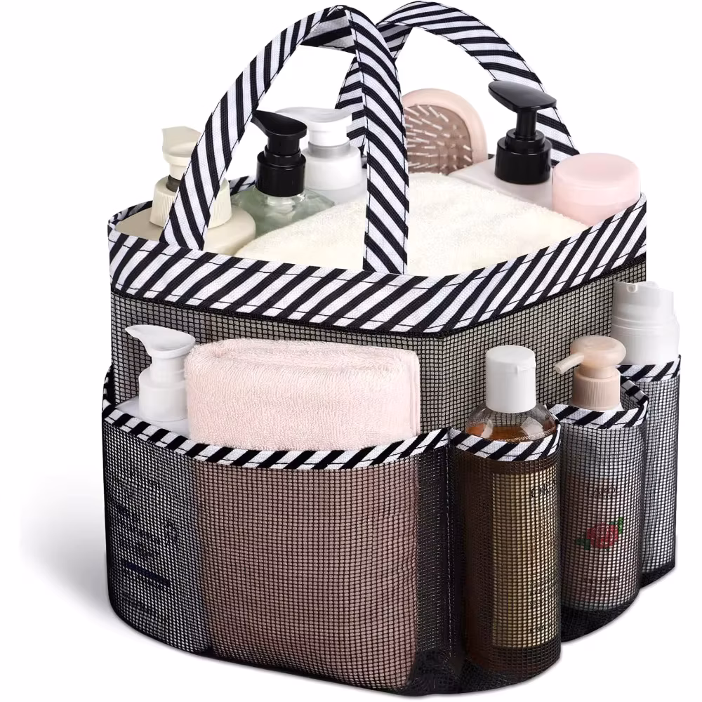 Large Capacity Mesh Shower Caddy with 9 Pockets Portable Hanging Toiletry Bag for College Dorm Room Essential Bathroom Storage Organizer Perfect for Travel Camping Beach Gym Swimming Pool and Outdoor Activities Water