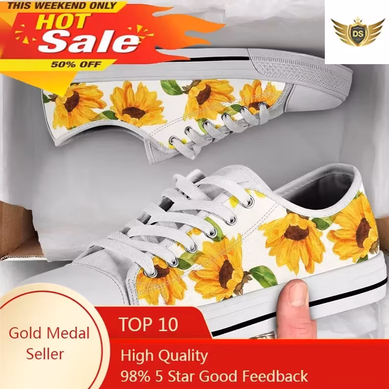 Classic Yellow Flower Sunflower Printing Canvas Shoes Women Daily Outdoor Light Sneakers Black White Flats For Teens