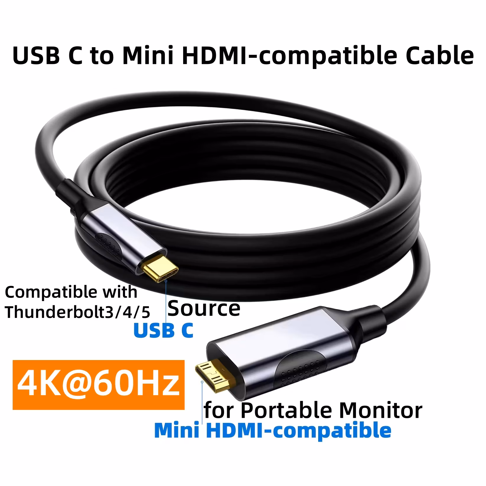 Usb C to Mini Hdmi-compatible 4K@60Hz Cable Compatible with Samsung Phone16/15 Series Macbook Pro Portable Monitor Steam Deck