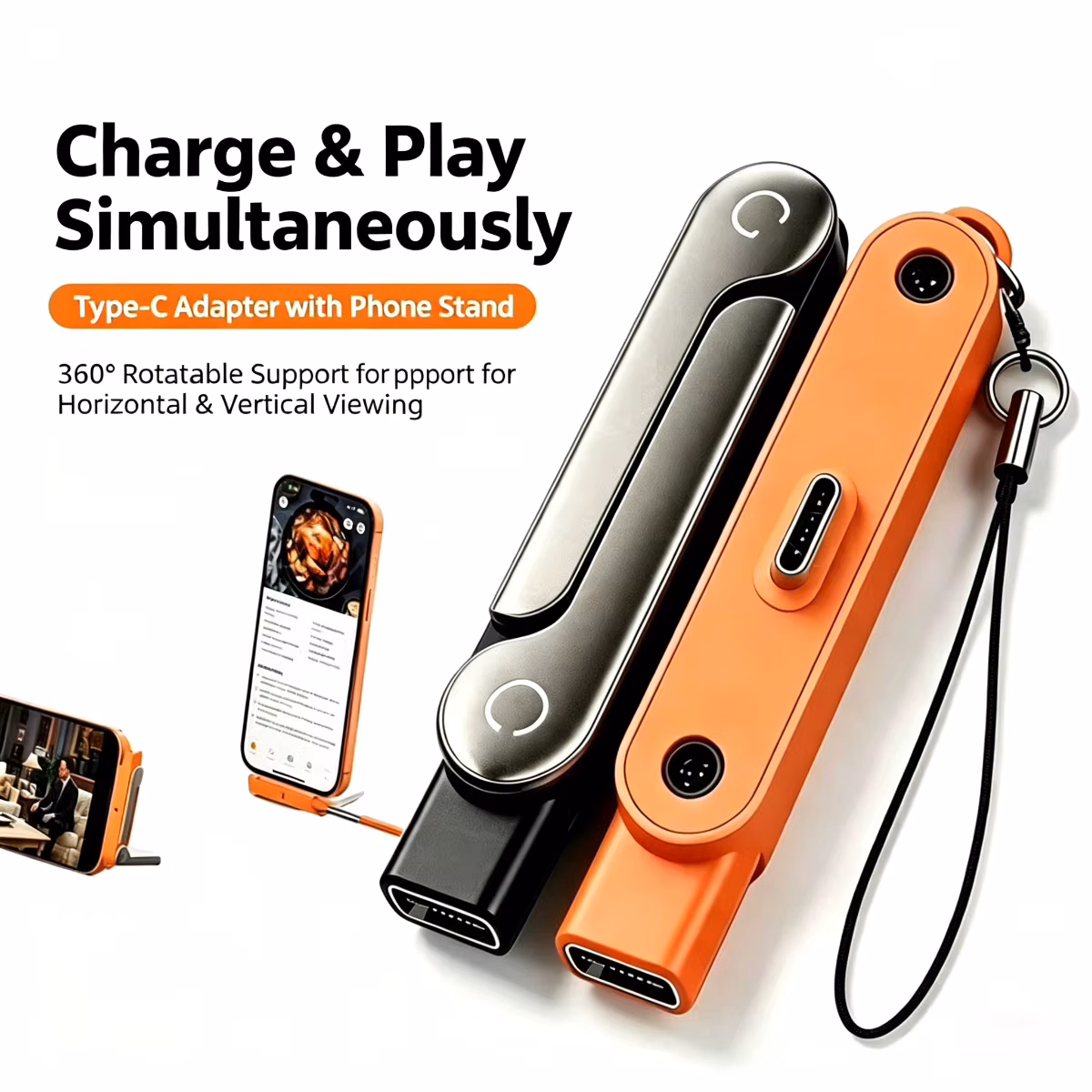 2‑in‑1 Type‑C Male to Female Adapter,360°Rotatable Foldable Phone Stand, Charging for Gaming Phone,Black Orange With Lanyard