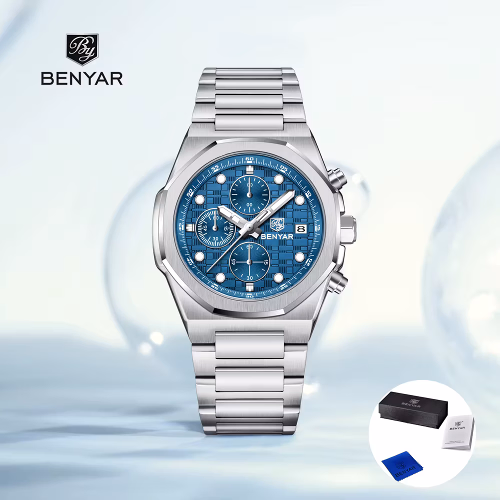 Benyar Men's Watches Luxury Quartz Wristwatches Chronograph Watch For Man Stainless Steel Waterproof Clock Gift Box