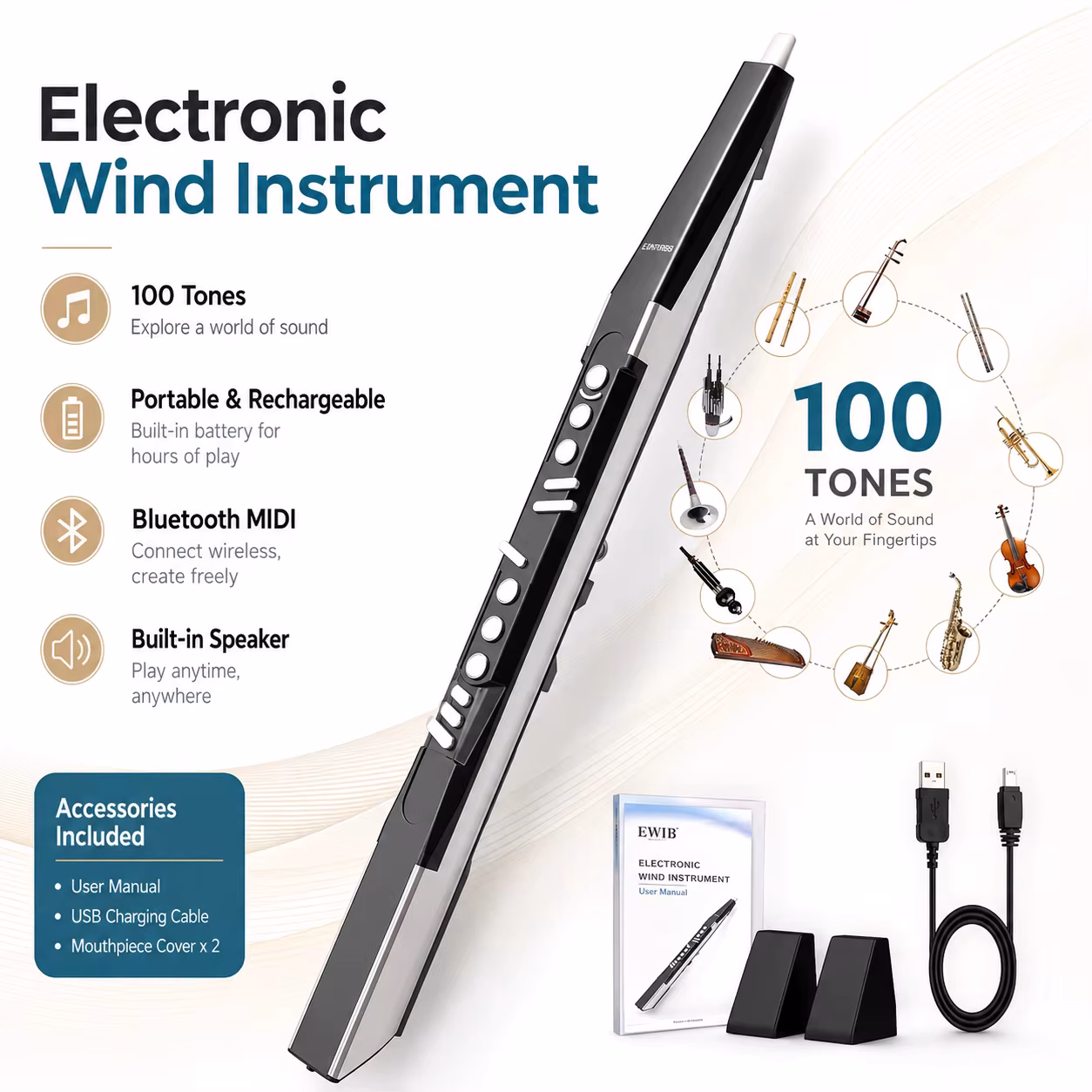 Multitimbre Digital Wind Controller Built-in Speaker Bluetooth Midi Rechargeable Wind Synthesizer for Music Lovers