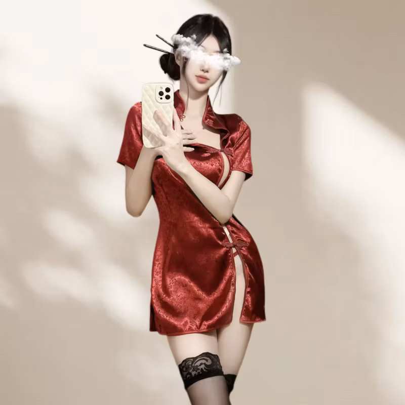 Exposed Collarbone Slit Sexy Flirtatious Retro Lingerie Passionate Cheongsam Uniform Seductive and Outfit Sleepwear Women