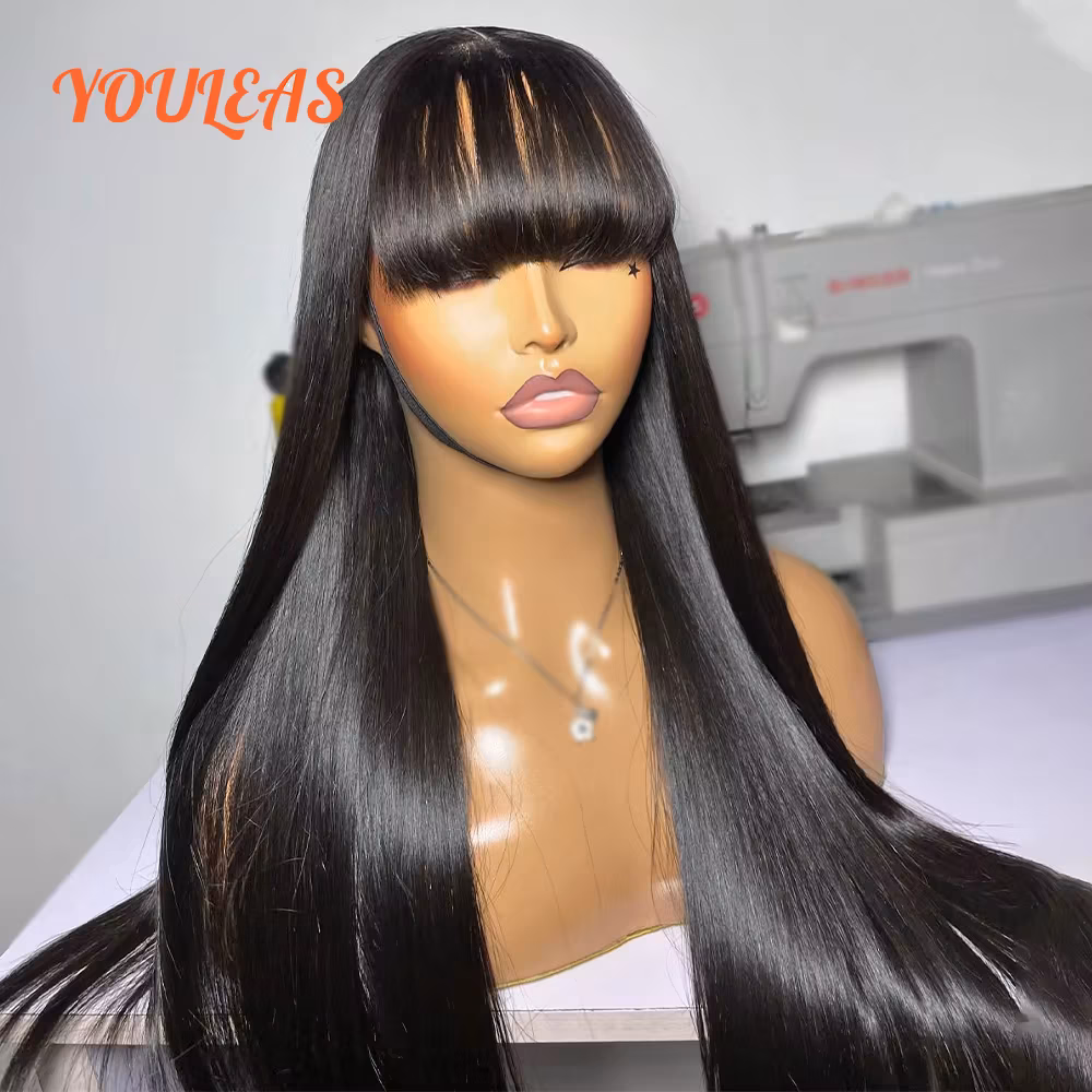 Bone Straight With Bangs 100% Human Hair Wig 360 Precut Transparent Lace Front Hair Wig Virgin Hair For Woman For Clearance