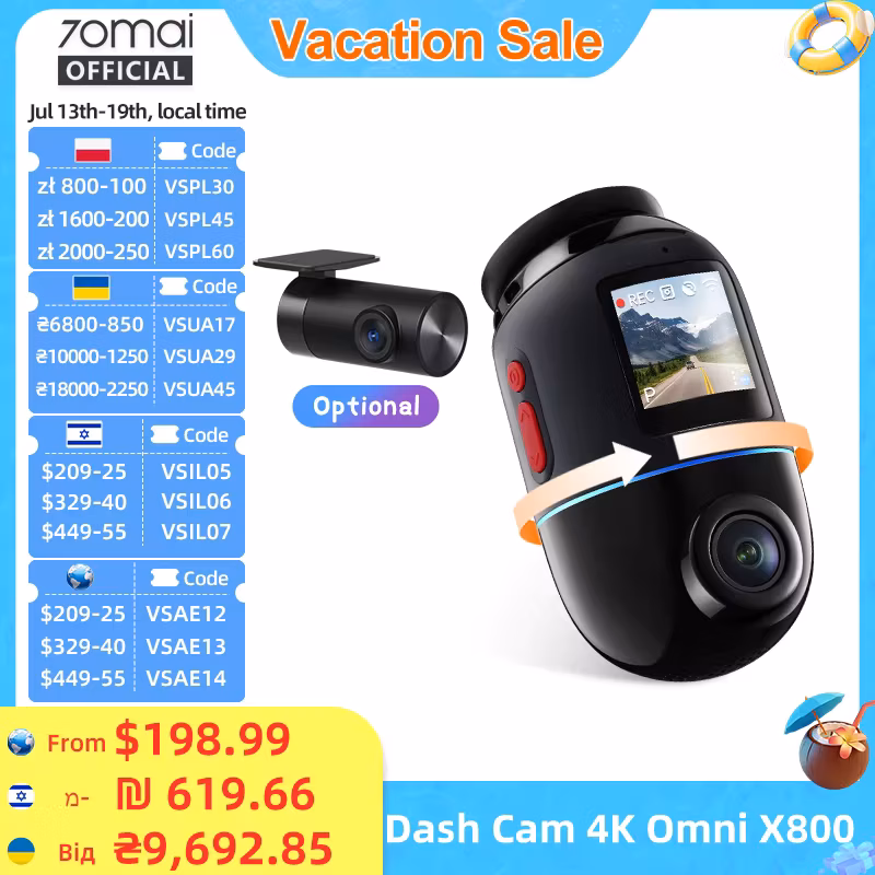 70mai Dash Cam 4K Omni X800 IMX678 360° Full View Supercapacitor 70mai X800 Built-in Gps Adas 24H Parking Monitor AI Motion