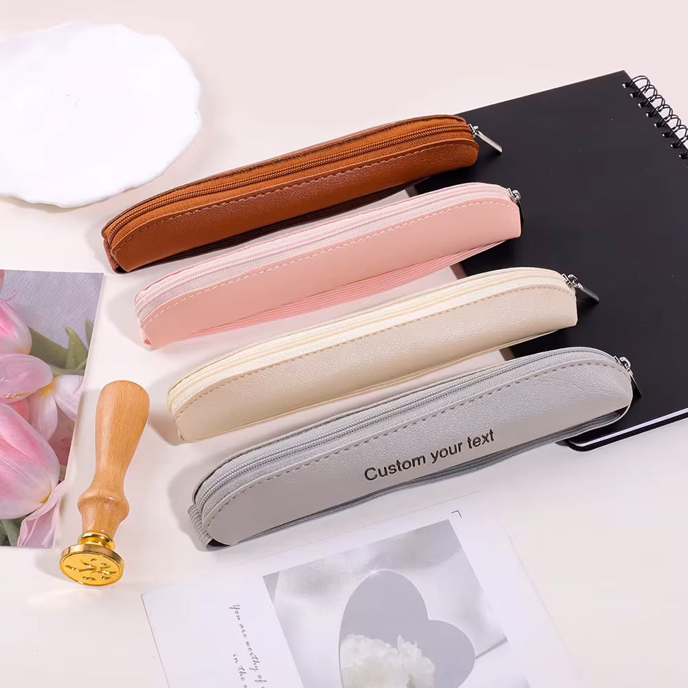 Personalized Custom Text Pencil Case Stationery PU Leather Pen Sleeve For Book School Supplies Laser Customized Name Pencil Pouc