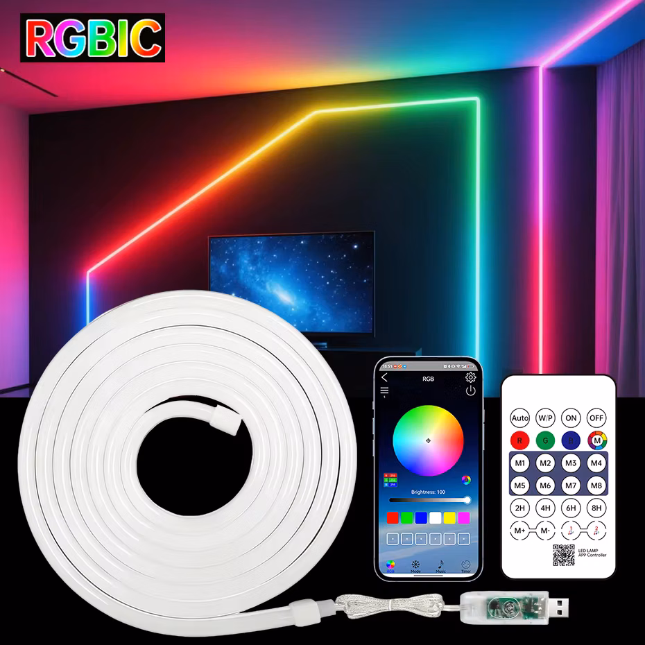 Usb DC5V Rgbic Flexible Neon Strip Lights Bluetooth Remote Control Multiple Modes Music Sync Waterproof Led Strip Neon Rope Lamp