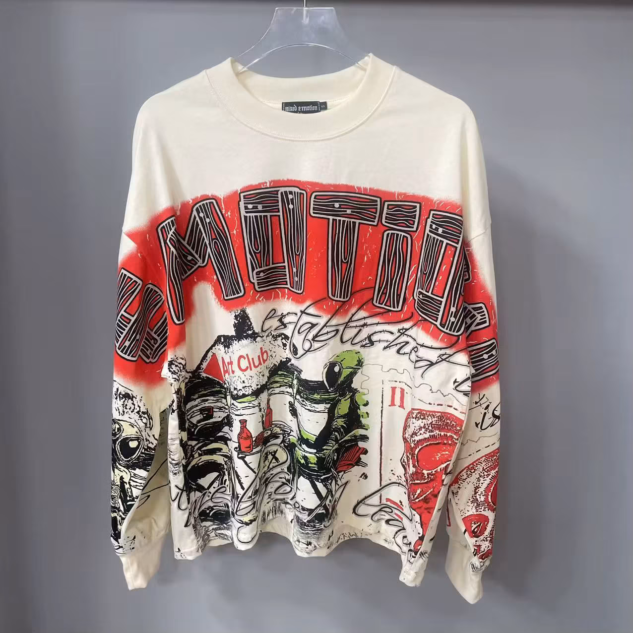 High Quality Designer Mixed-Emotion Long sleeved T-shirt 100% cotton men's and women's Vintage Printed and hotfix rhinestone High Street Trendy Fashion Hip Hop T-shirt hoodie sweatshirt Pullover