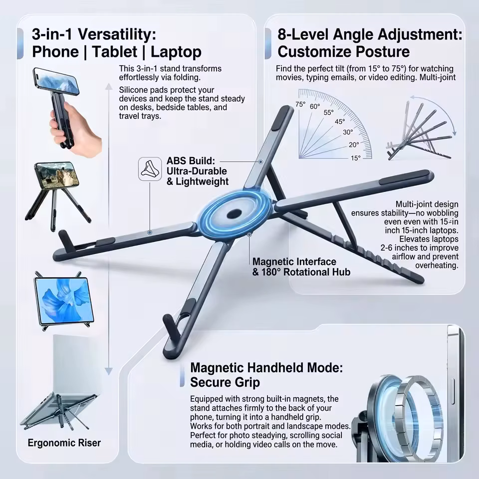 Portable Magnetic Phone Holder & Selfie Stick 3-in-1 Foldable Tripod Stand for iPhone iPad Tablet Laptop Desktop Use