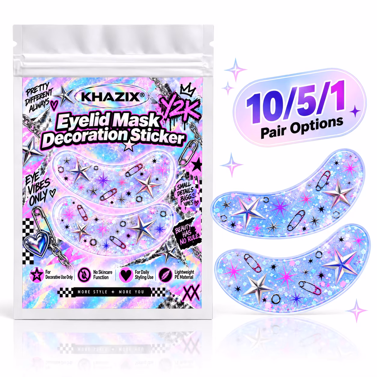 10/5/1 Pairs Blue Y2K Under-Eye Stickers, Holographic Star & Safety Pin Decorative Eye Patches for Halloween Party Makeup
