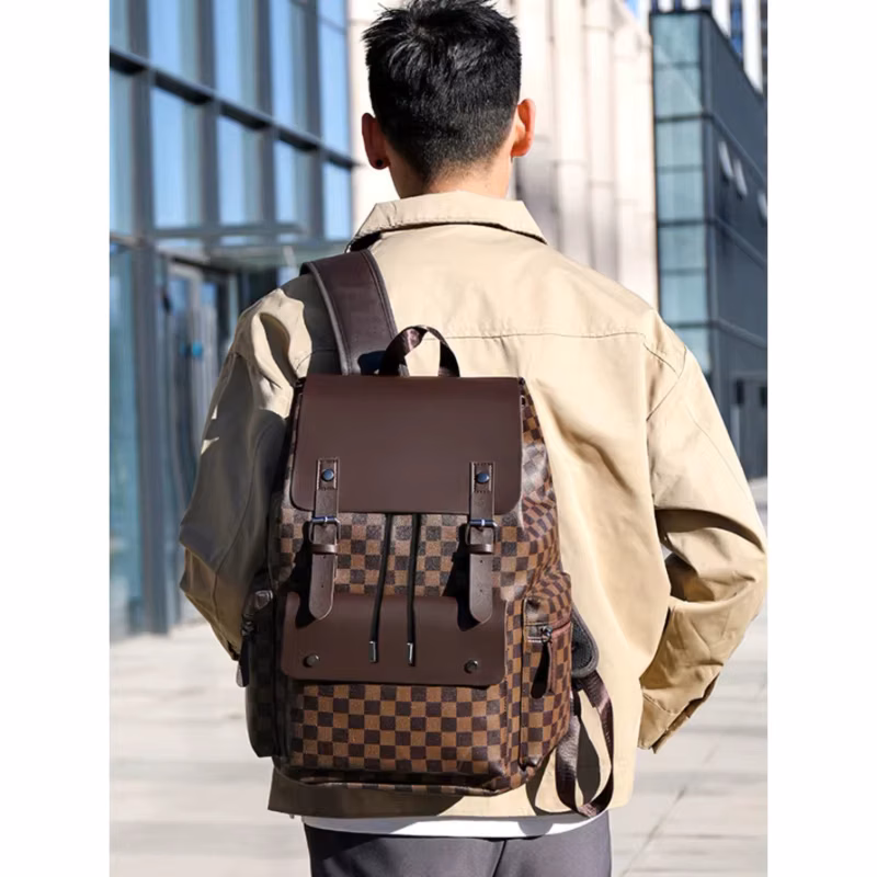 Brown Plaid Laptop Backpack Large Capacity Multi Pocket Water Resistant for Men Business Travel Work