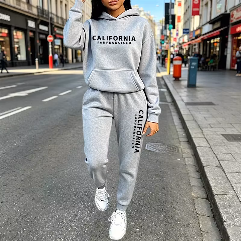 Urban Casual Fashion Hoodie Jogger Suit Autumn Winter Outfit California Print Women's Tracksuit Hooded Sweatshirt and Sweatpants