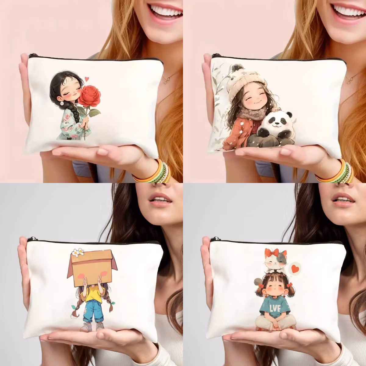 Vintage Chic Makeup Bags Zipper Closure Large Capacity Girls Cosmetic Pouch Cute Girl Pattern Pencil Case Travel Storage Bag