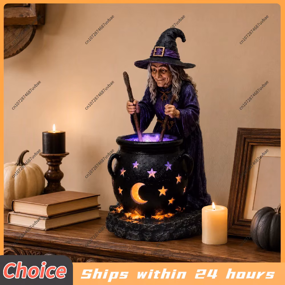 Solar Powered Halloween Witch Cauldron Garden Light Resin Figurine Outdoor Decor Glowing Stars Moon Yard