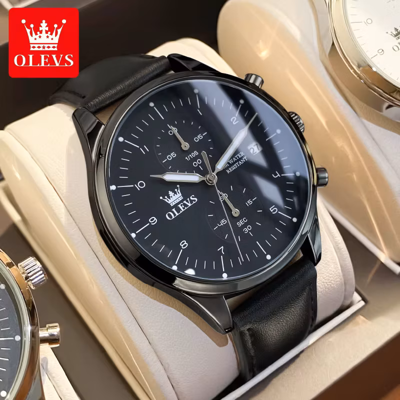 Olevs 2880 Casual Fashion Men's Watch Chronograph 30M Waterproof Leather Strap Quartz Watch for Man Luminous Genuine Wristwatch