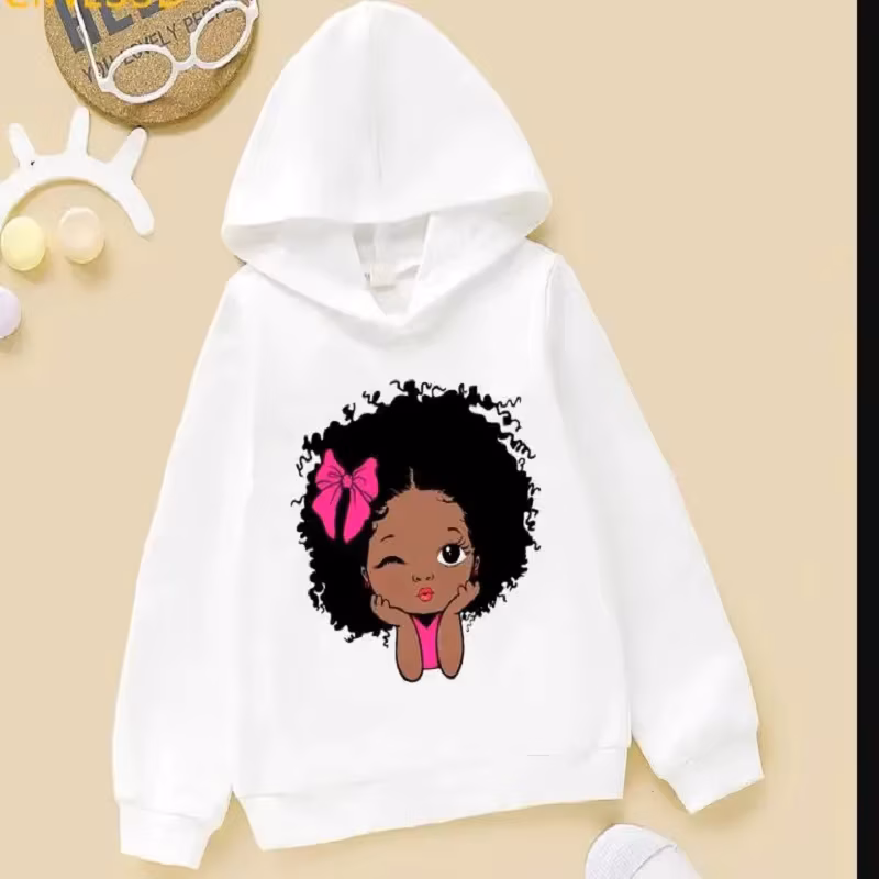 Bow Little Black Girl Print Kids Sweatshirt Children Lovely Winter Clothes Thick Hoodies Melanin Princess Design Teens
