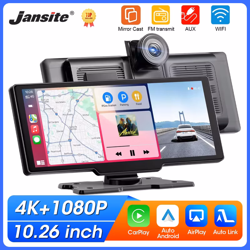 Portable 10.26'' Dash Cam Wireless CarPlay Android Auto Dashboard 4K Car Dvr Dashboard Video Recorder Car Monitor Gps FM BT