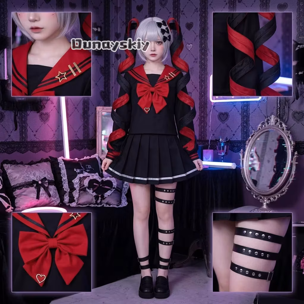 LWW09*Yandere K Angel Rain Black JK Cosplay Costume Wig Game Needy Girl School Uniform Skirt Overdose Halloween Set Jirai kei