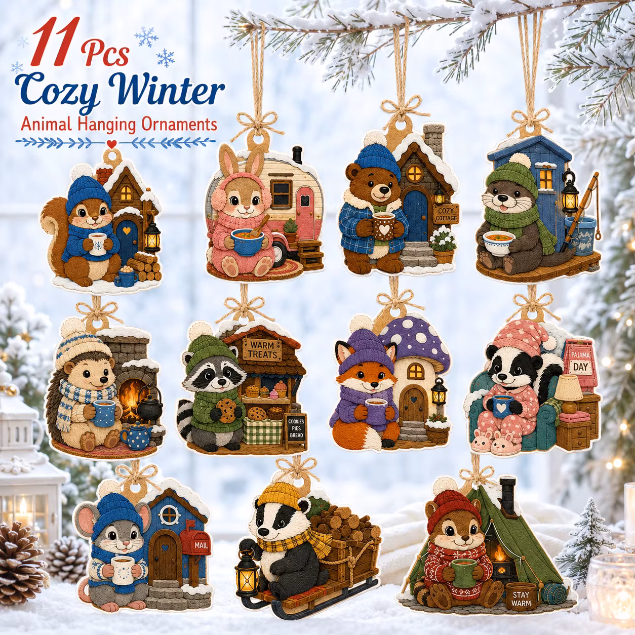 11 Pcs Cozy Winter Hanging 2D Flat Felt Ornaments, Diy Felt Decorative Ornaments, Holiday Decor for Halloween Party Accessories