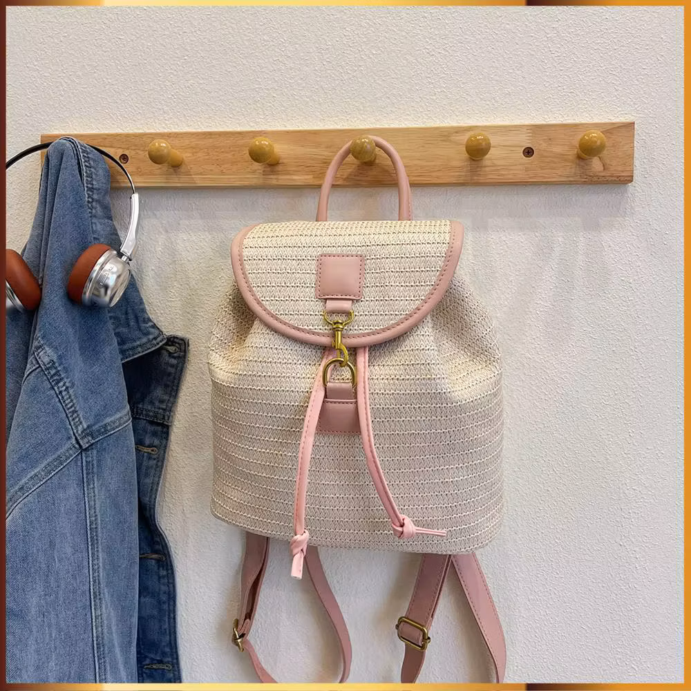 Women Striped Woven Bookbag Lightweight & Portable Schoolbags Handmade Rucksack with Flap Design for Summer Vacation Travel Pool