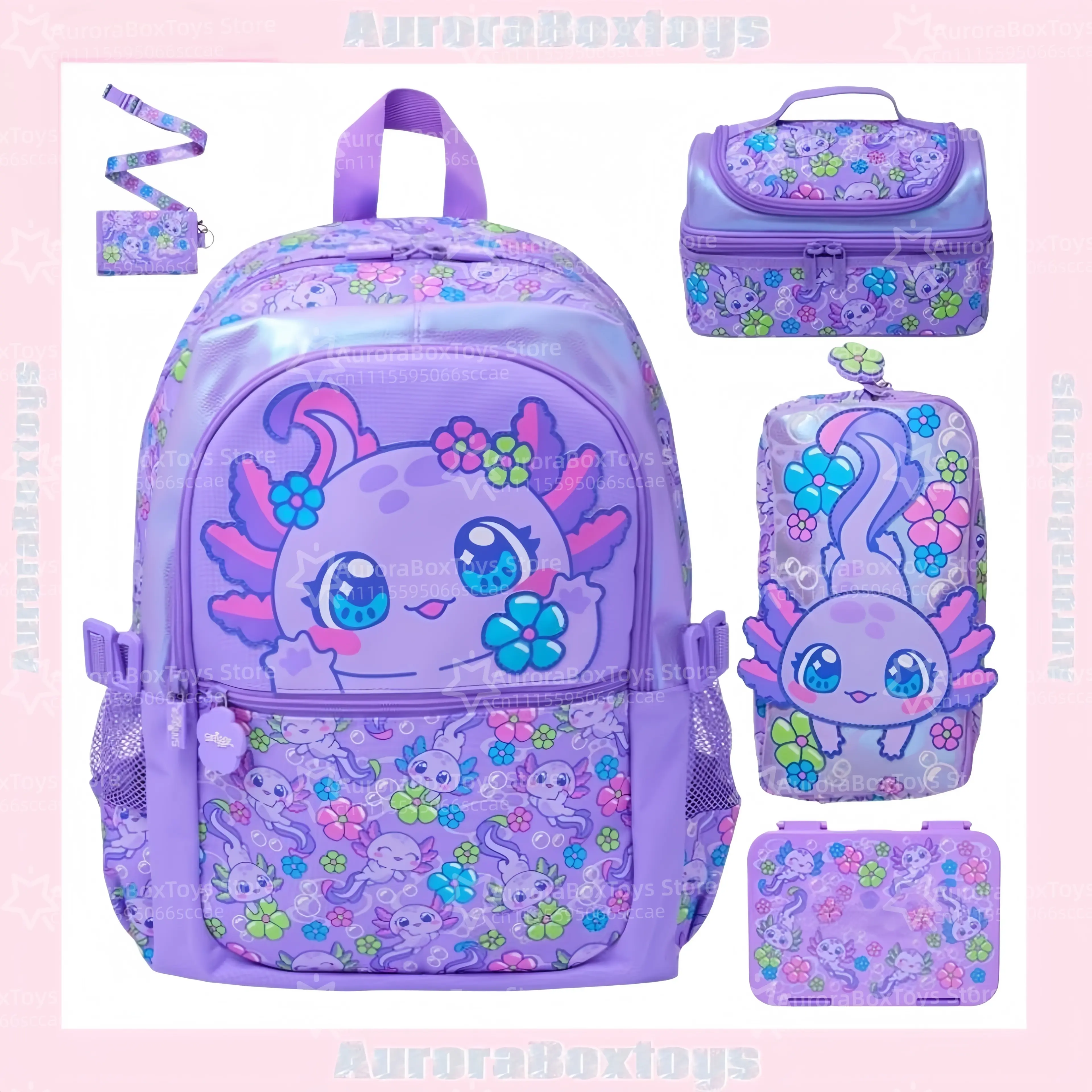 Cute Purple Axolotl Kids Backpack Set Large Capacity School Bag Pencil Case Lunch Bag Snack Box Crossbody Bag Chool Supplies