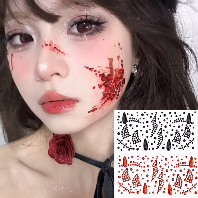Mix Sized Rhinestone Facial Stickers Red Black Self Adhesive Body Brow Face Makeup Geometric Shape Halloween Decoration Sticker