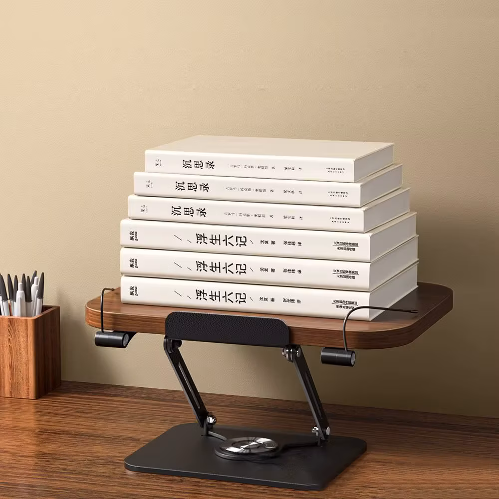 Solid Wood Reading Rack Foldable 360° Rotating Base Book Stand Adjustable with Elastic Page Clips Laptop Holder for Readers