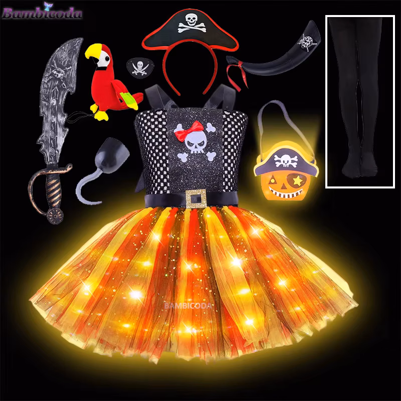 Girls Pirate Led Lighting Costume Fantasia Infantil Captain Cos Clothing Birthday Party Fancy Dress Halloween Costumes