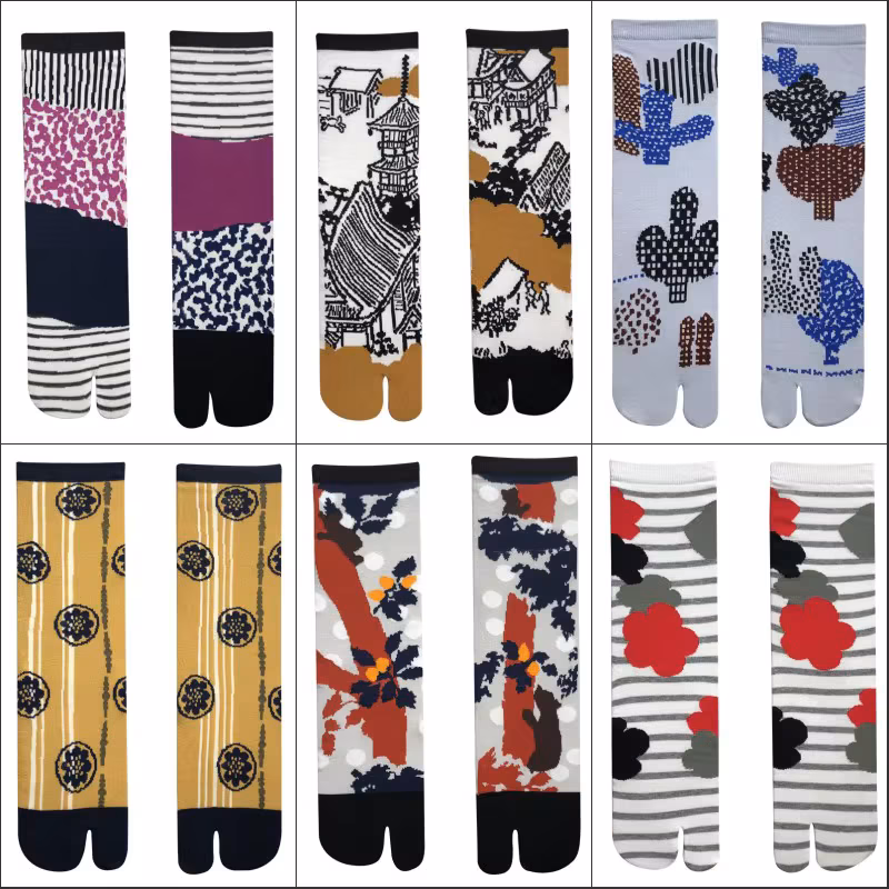 Japanese multi-color jacquard carrot chestnut flower literary cute two-toe socks middle tube tabi split toe socks tide socks