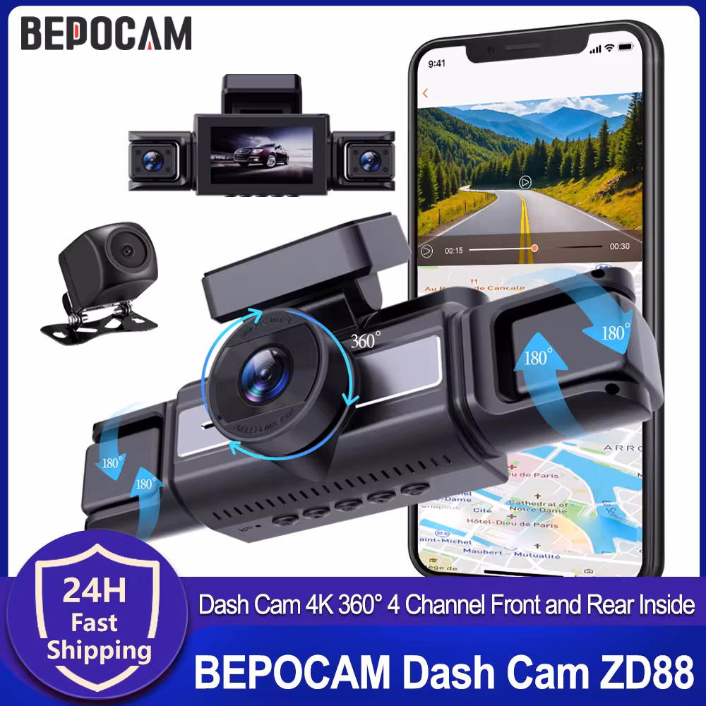 Bepocam 4K Dash Cam 4 Channel Front and Rear Inside 360° Car Camera for Cars Dvr Built-in WiFi Wdr Night Vision 24H Parking Mode