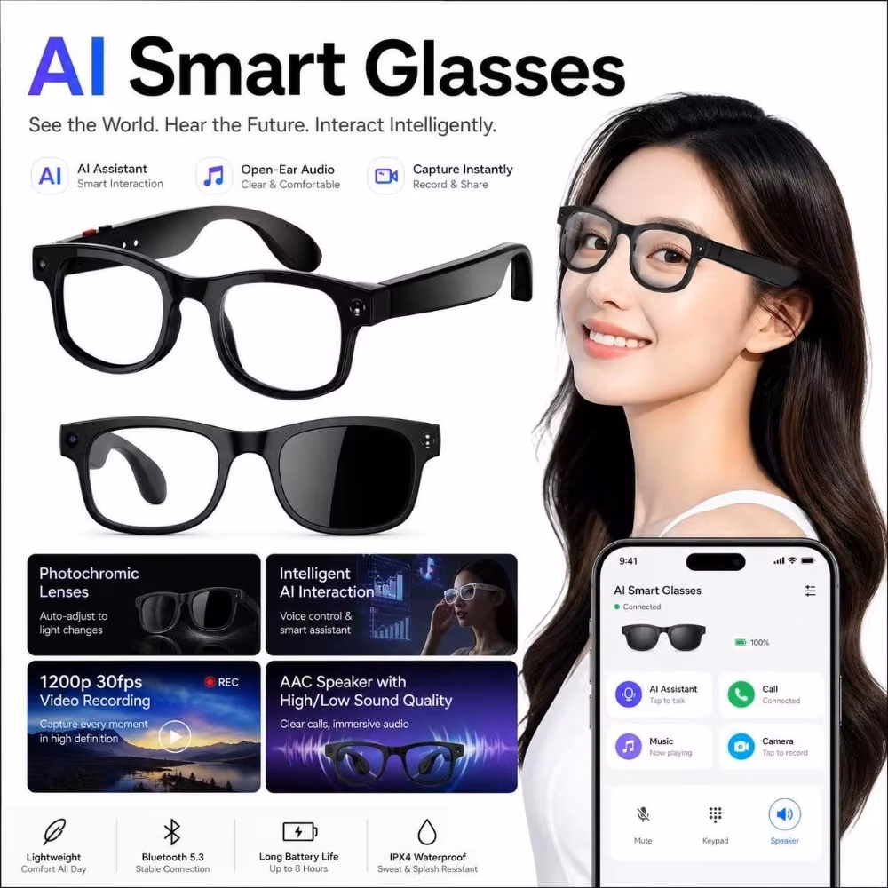 2 in 1 AI Smart Glasses HD Photo Video Voice Real-time Translation Smart AI Glasses Anti-Blue Light Call Translation