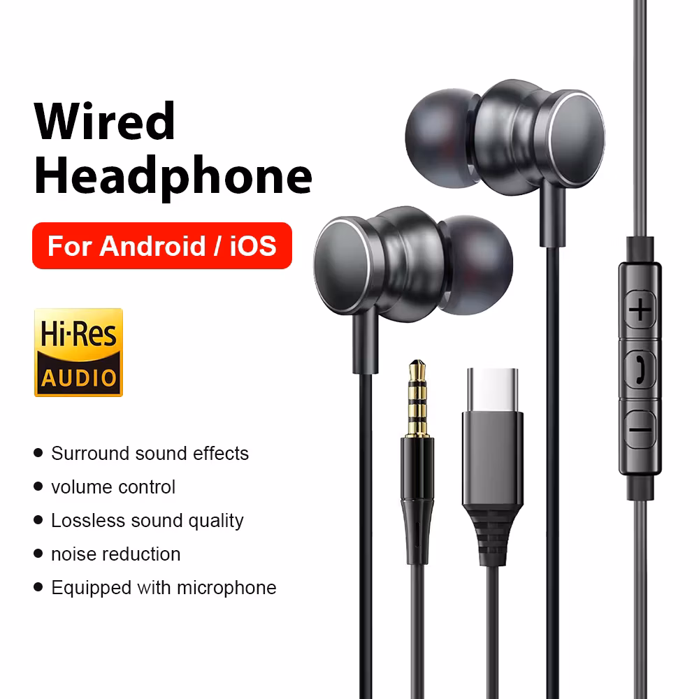Type C Wired Headphones 3.5mm HiFi Noise Canceling Earphones For Samsung iPhone 17 16 15 Xiaomi Huawei Computer Tablet Headset