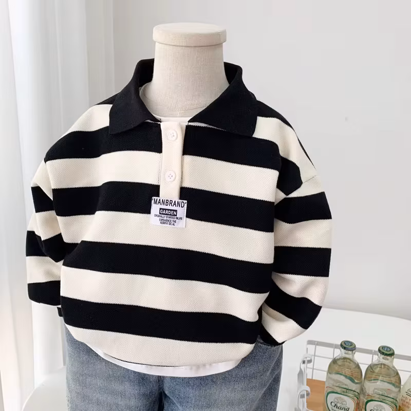 Boys Striped Sweatshirt Spring Kids Long Sleeve Pullover Teen Cotton Lapel Polo Tops Autumn Children Clothes 2-12 Years