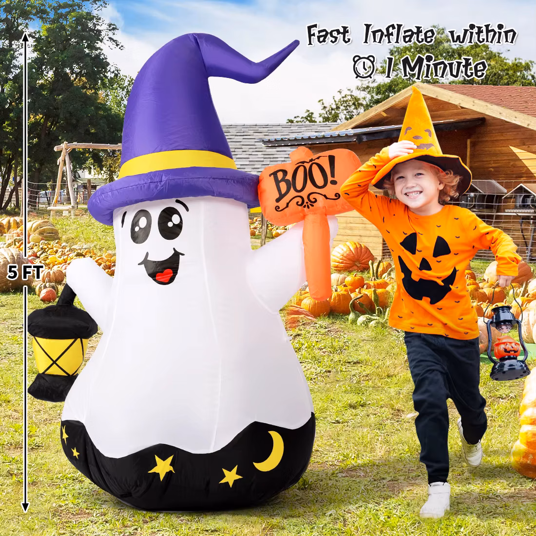 5 FT Cute Halloween Ghost Inflatable Decorations with Built-In LEDs for Child's Halloween Decor Hand-Held Light Included
