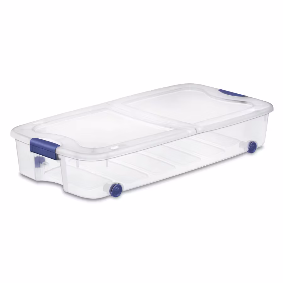 66 Quart Underbed Wheeled Storage Bin with Secure Latching Lid, Clear Plastic Container for Bedroom Closet Organization, Blue