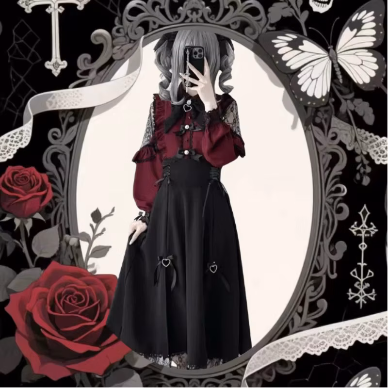 Jirai Kei JK Skirt Uniform Cosplay Maid Burgundy Lace Blouse Dress Sweetheart Encounters Lolita for Girls Women Theme Party