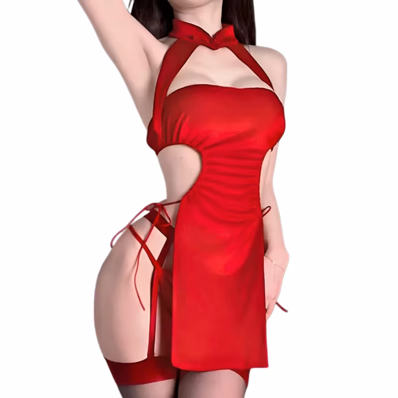 Flirtatious Bare Midriff Sleeveless Backless Sexy Lingerie Passionate Suit Sexy Pajamas Cheongsam Uniform Temptation
