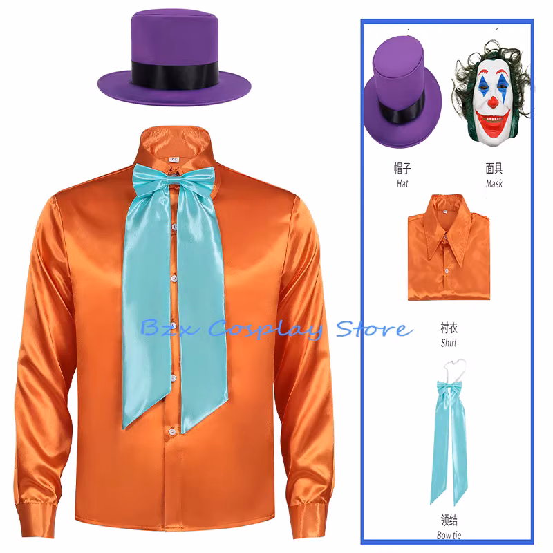 Bat Clown Cosplay Anime Black Knight The Jokerer Costume Man Orange Shirt Tie Hat Mask Prop Suit Halloween Horror Play Outfit
