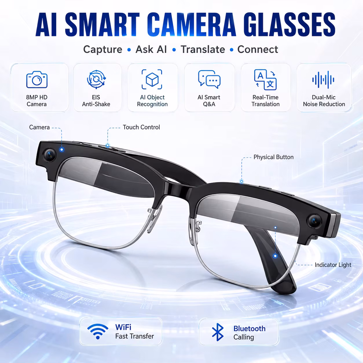 AI Smart Glasses Camera Bluetooth Headphones Translator Sunglasses Touch Control Photochromic Anti Blue Light Eyeglasses