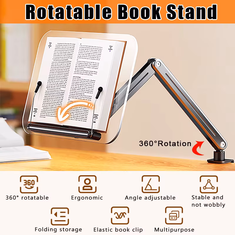 360 Degree Acrylic Rotating Reading Stand for Reading Adjustable Cookbook Stand Recipe Book Holder for Laptop Tablet Recipe