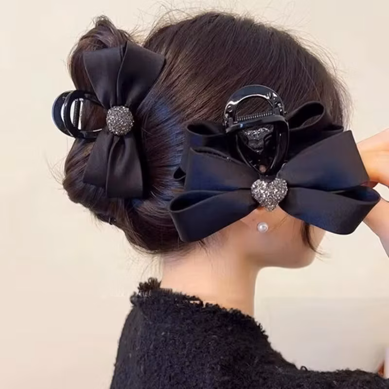 1/2pcs Rhinestone Love black Fabric Bow Hair clip for woman Elegant Daily wear Shark Clip Fashion Girl Hair clamp