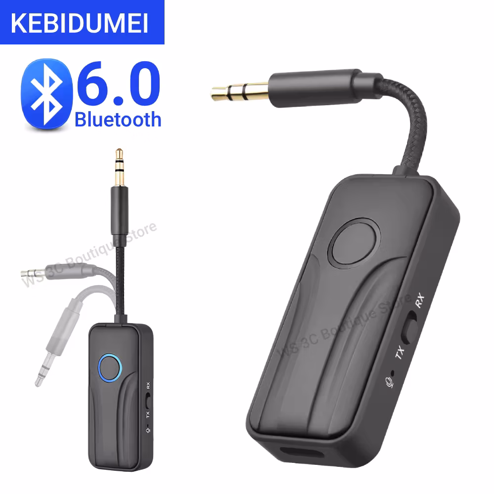 Kebidumei Bluetooth 6.0 Wireless Audio Adapter 2 IN 1 Receiver Transmitter HiFi Stereo Music 3.5MM Mic For Car Airplane TV PC