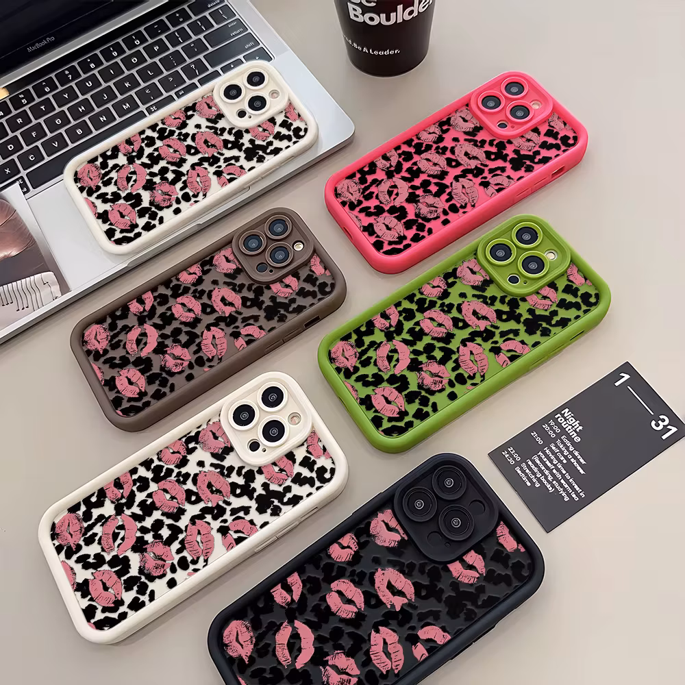 Painted Phone Case for Apple iPhone 17 16 15 14 13 12 11 Pro Max 8 Plus SE Air Cases Kawaii Pink Lip Leopard Silicone Protection