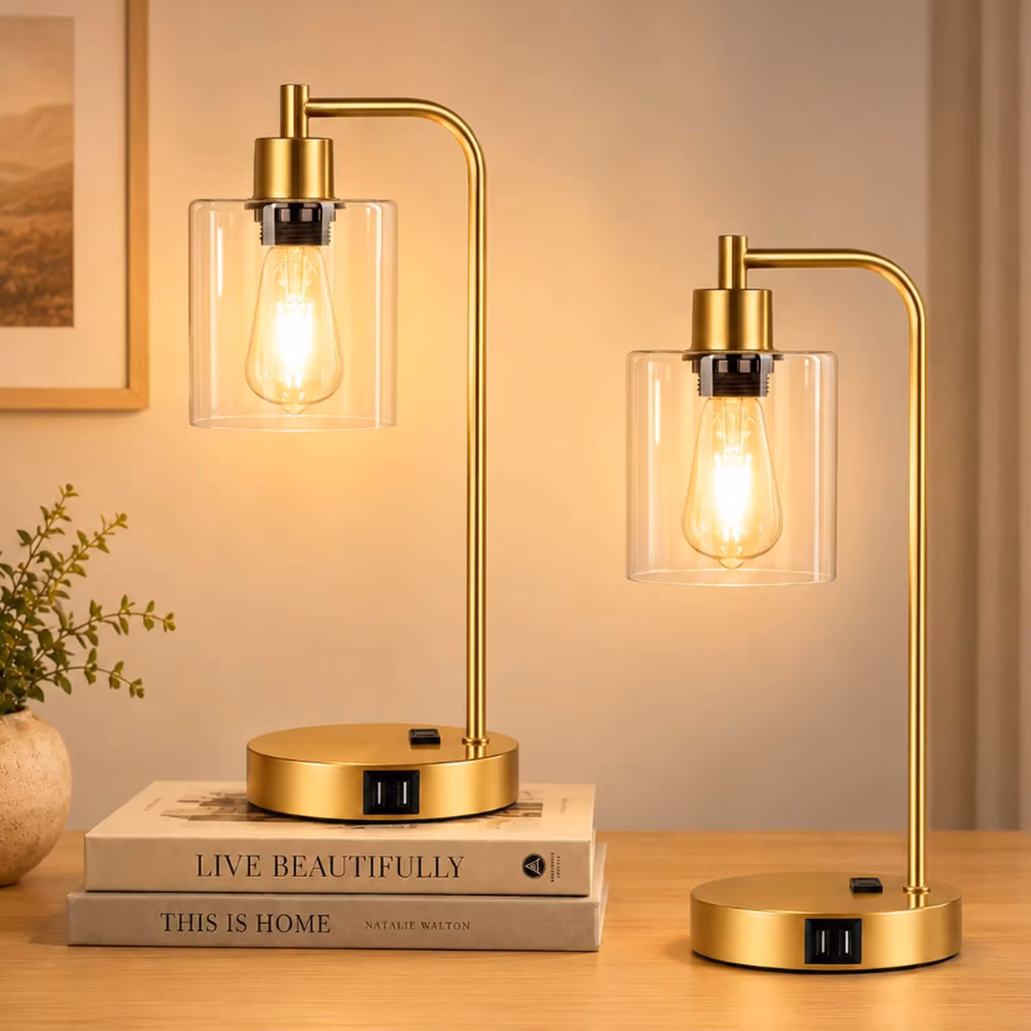 Touch Control Table Lamps Set of 2 - Gold Nightstand Lamps with Usb & Outlet, 3-Way Dimmable Desk Lamp for Bedroom