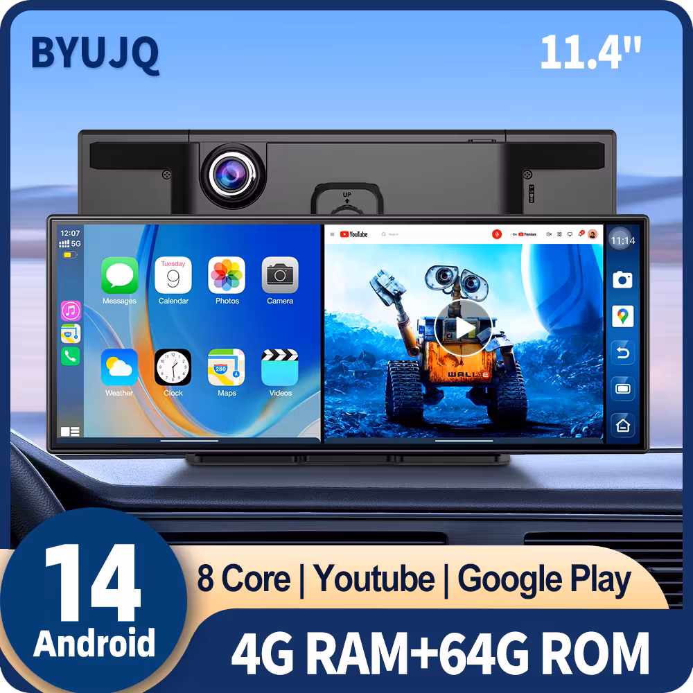 Byujq 11.4'' Android 14 8 Core 4+64G Dash Cam Wireless Carplay Android Auto AI Screen Google Play Gps Navigation Car Dvr
