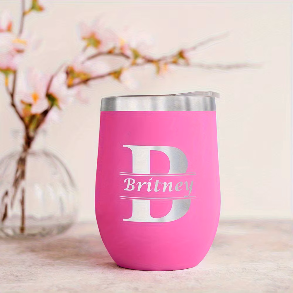 Personalized Monogram Name Wine Tumbler, Custom Initial Stainless Steel Insulated Cup with Lid, Portable Thermal Wine Glass Gift